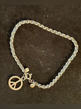 Vintage 925 Sterling Silver Blue Threaded Peace Charm Bracelet 6.5” Stamped
